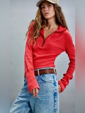 NWT FREE PEOPLE WE THE FREE MIDNIGHT HALF ZIP HIGH RISK RED